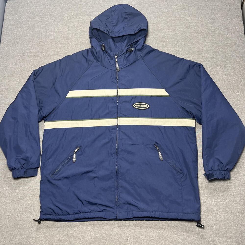 Vintage Abercrombie Jacket Mens XL Blue Hooded Nylon Fleece Lined Zip Coat